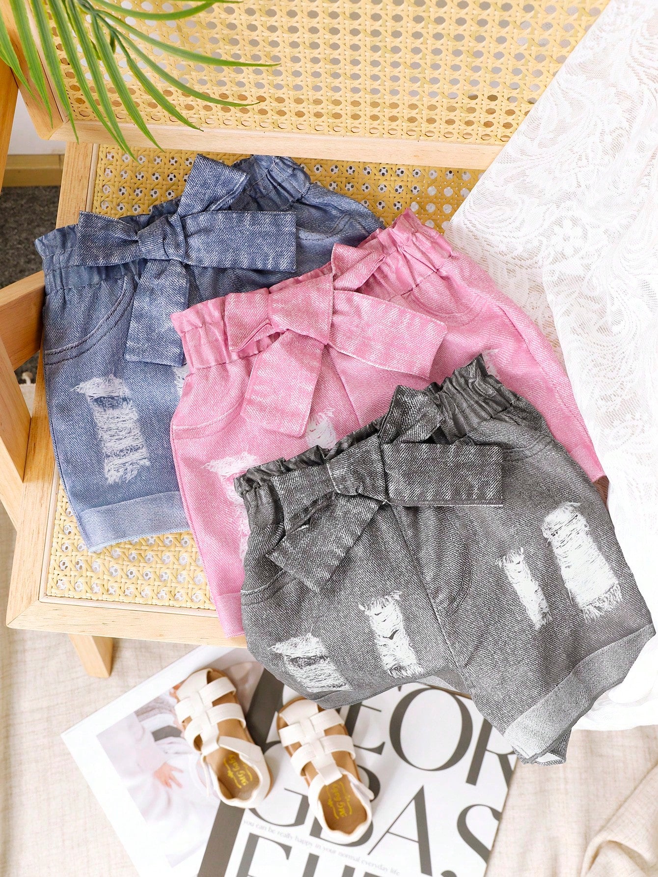 Young Girl's Denim Printed Casual Shorts Set With Bow Tie, 3pcs