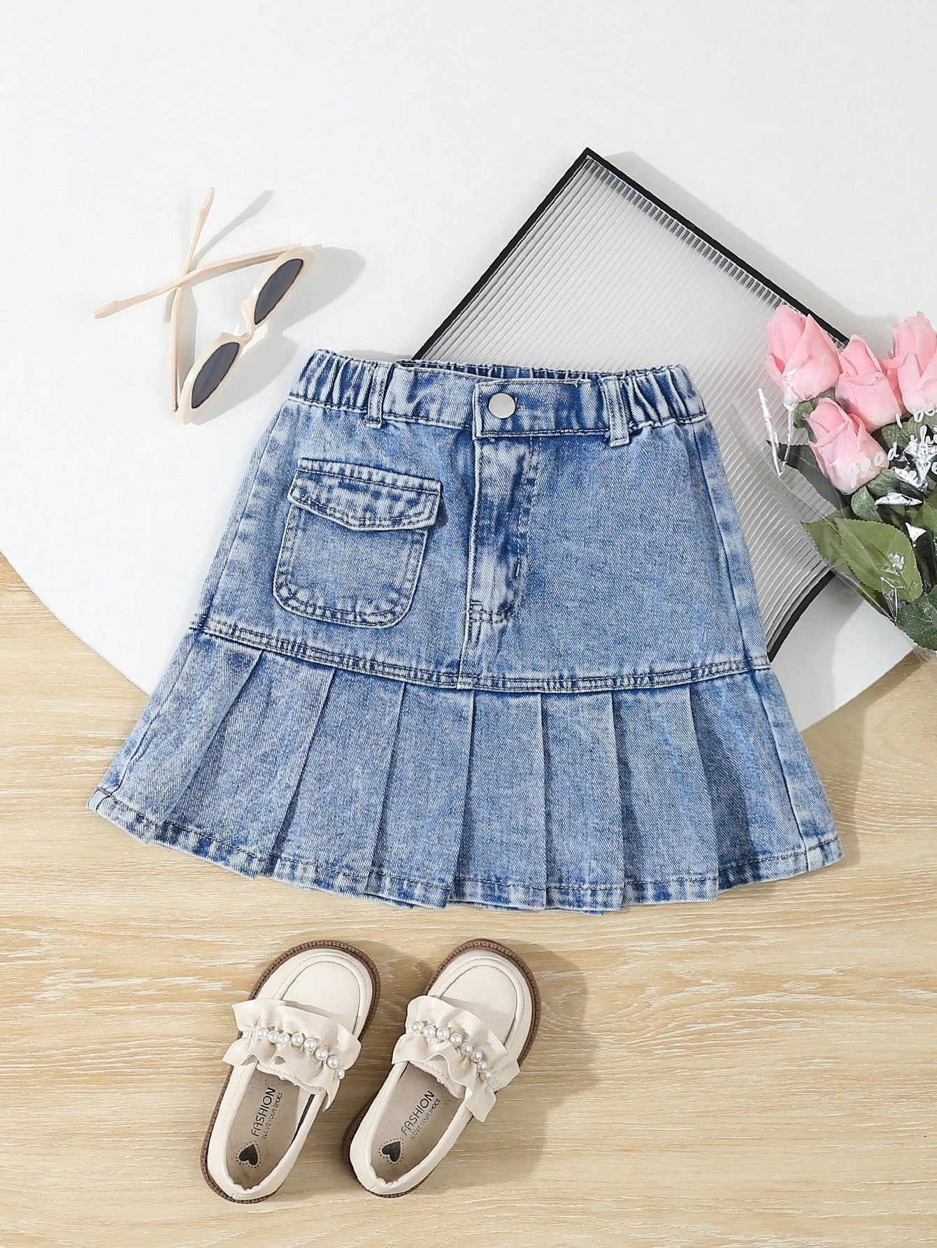 Tween Girl Flap Pocket Pleated Hem Denim Skirt