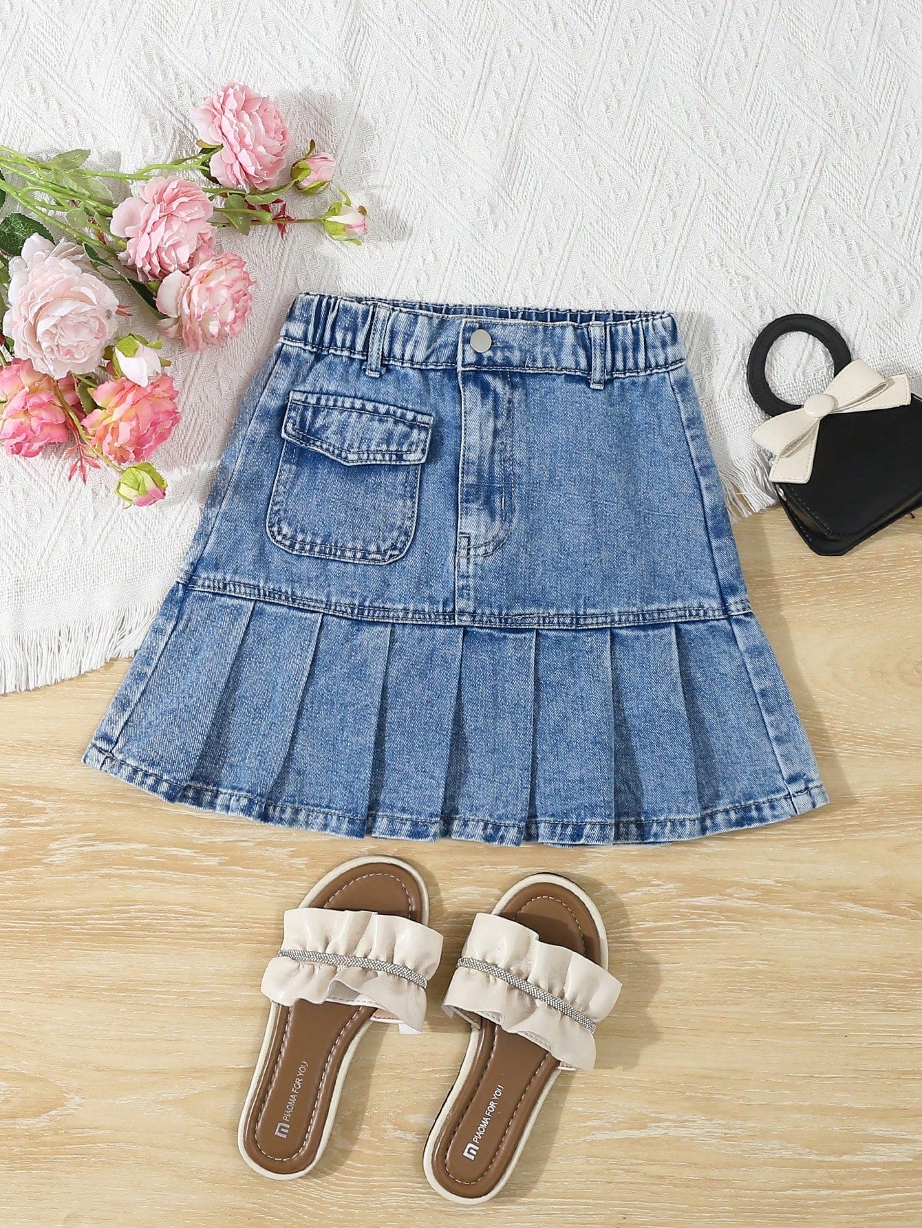 Tween Girls' Summer Street Fashion Denim Skirt With Pleated Hem