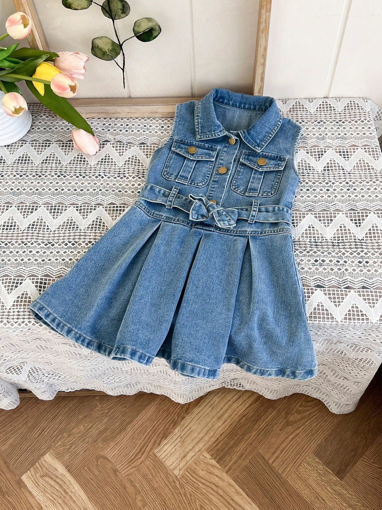 Streecool Kids YOUNG GIRL Casual Cool Mid-Blue Washed Denim Dress With Button Front Sleeveless Ruffled Chambray Shirt