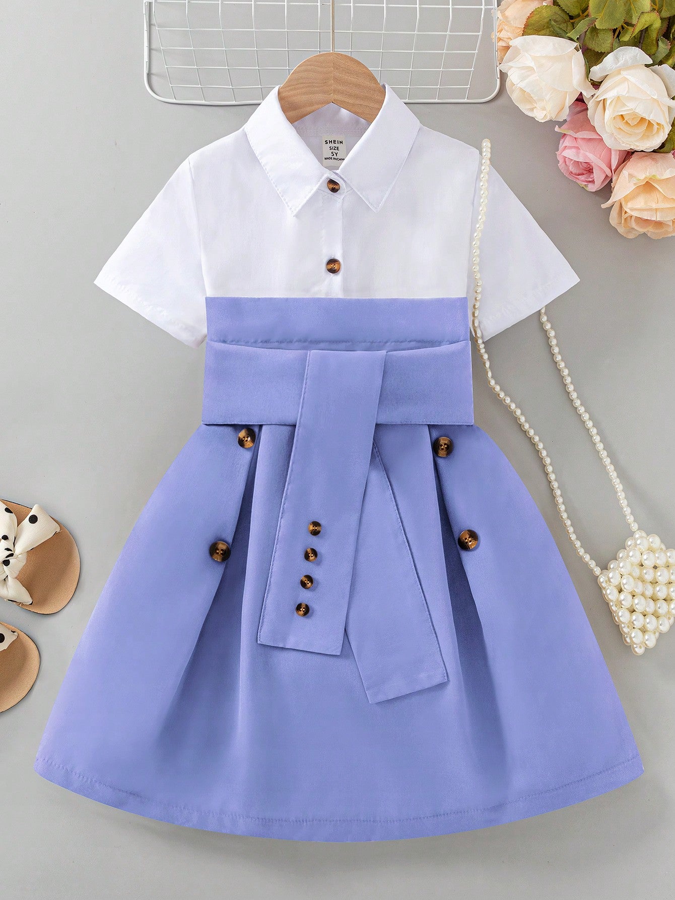 Young Girls' Elegant Shirt Collar Dress With Waist Belt And Design Elements