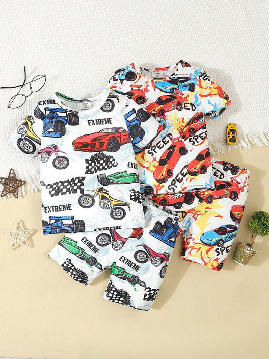 Young Boy Cartoon Car Pattern Knitted Round Neck Short Sleeve T-Shirt And Shorts Set, Snug Fit, 2pcs