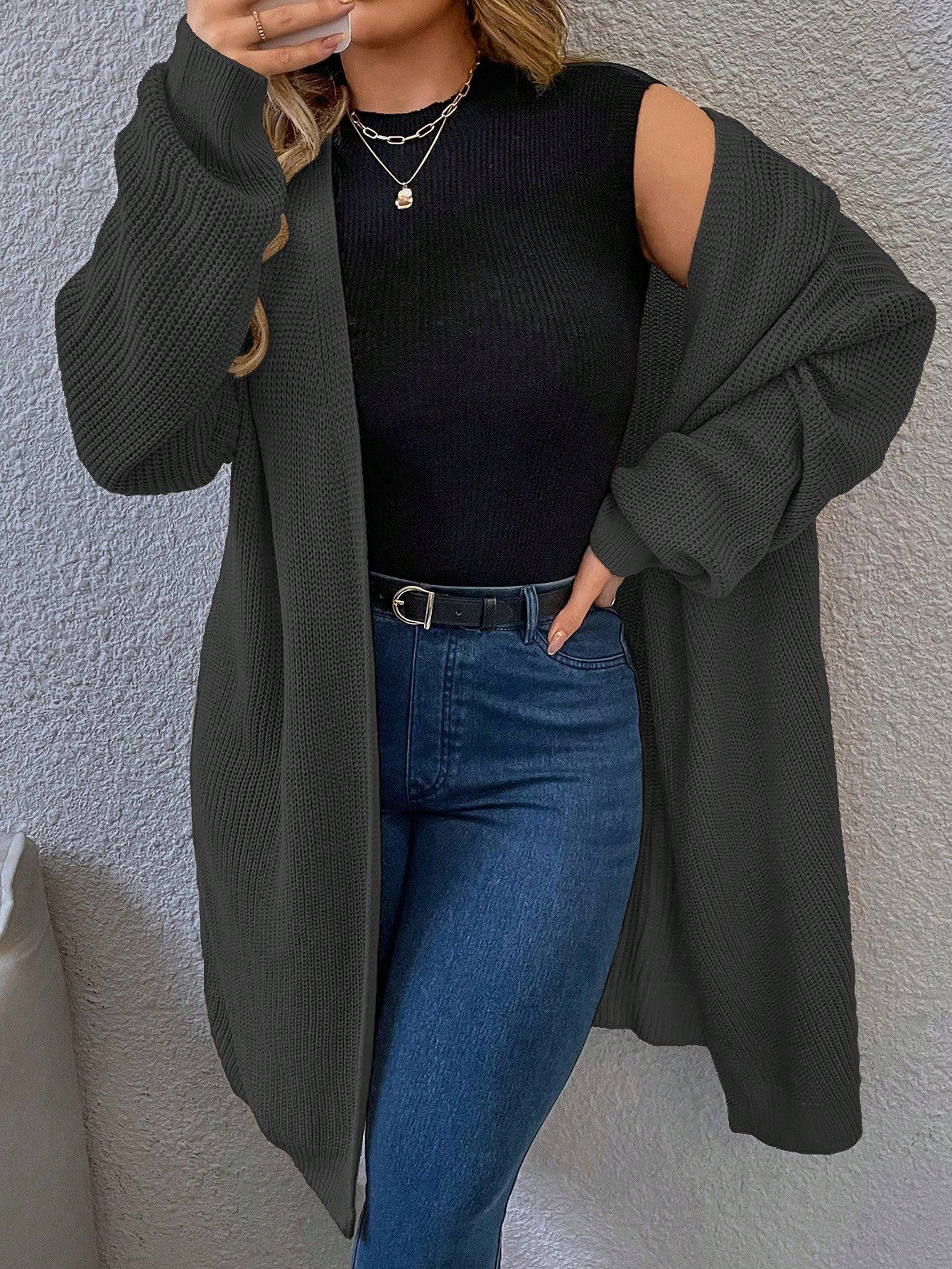 Frenchy Plus Drop Shoulder Open Front Cardigan