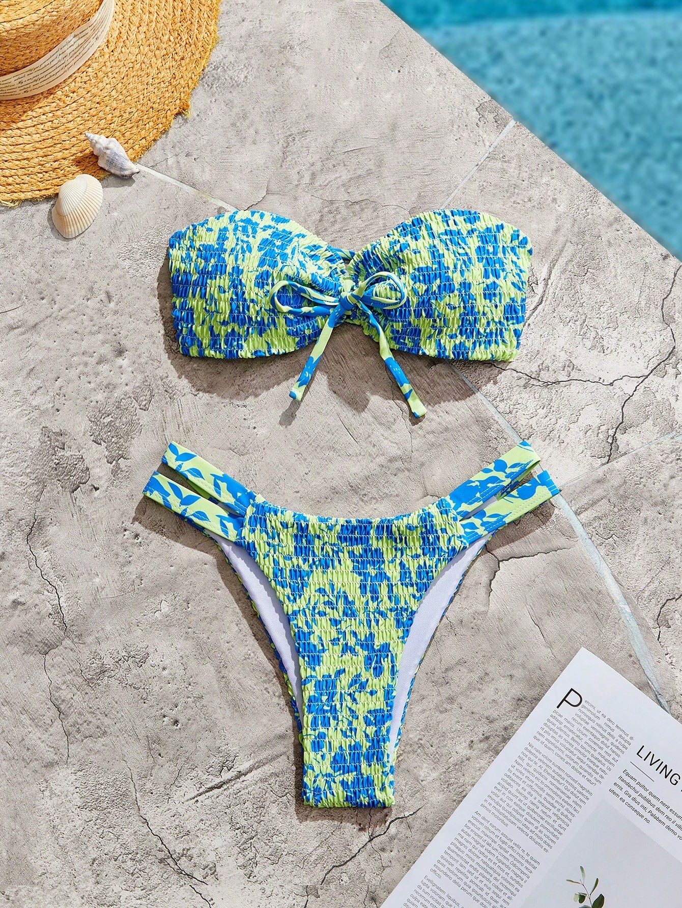 Swim Mod Summer Beach Floral Print Shirred Two-Piece Bikini Set