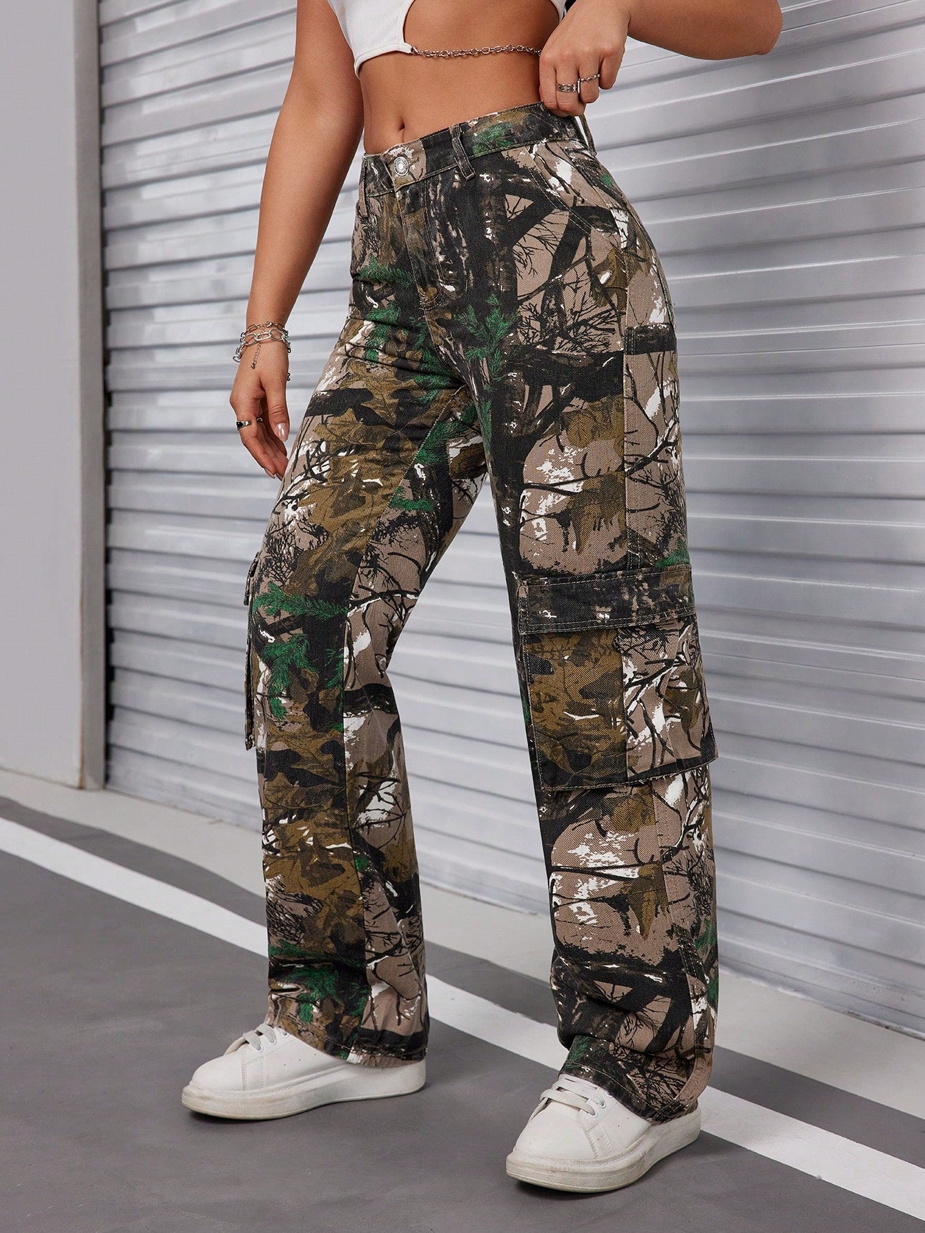 Camo Print Flap Pocket Cargo Jeans