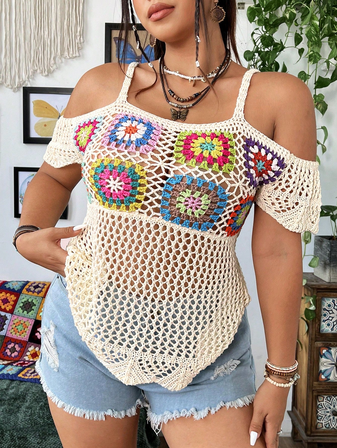 Plus Size Women's Floral Crochet Open Shoulder Knitted Top For Vacation