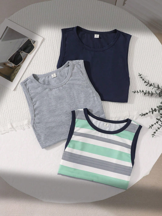 3pcs Teen Boy Casual Comfortable Striped Solid Color Tank Tops, Suitable For Summer