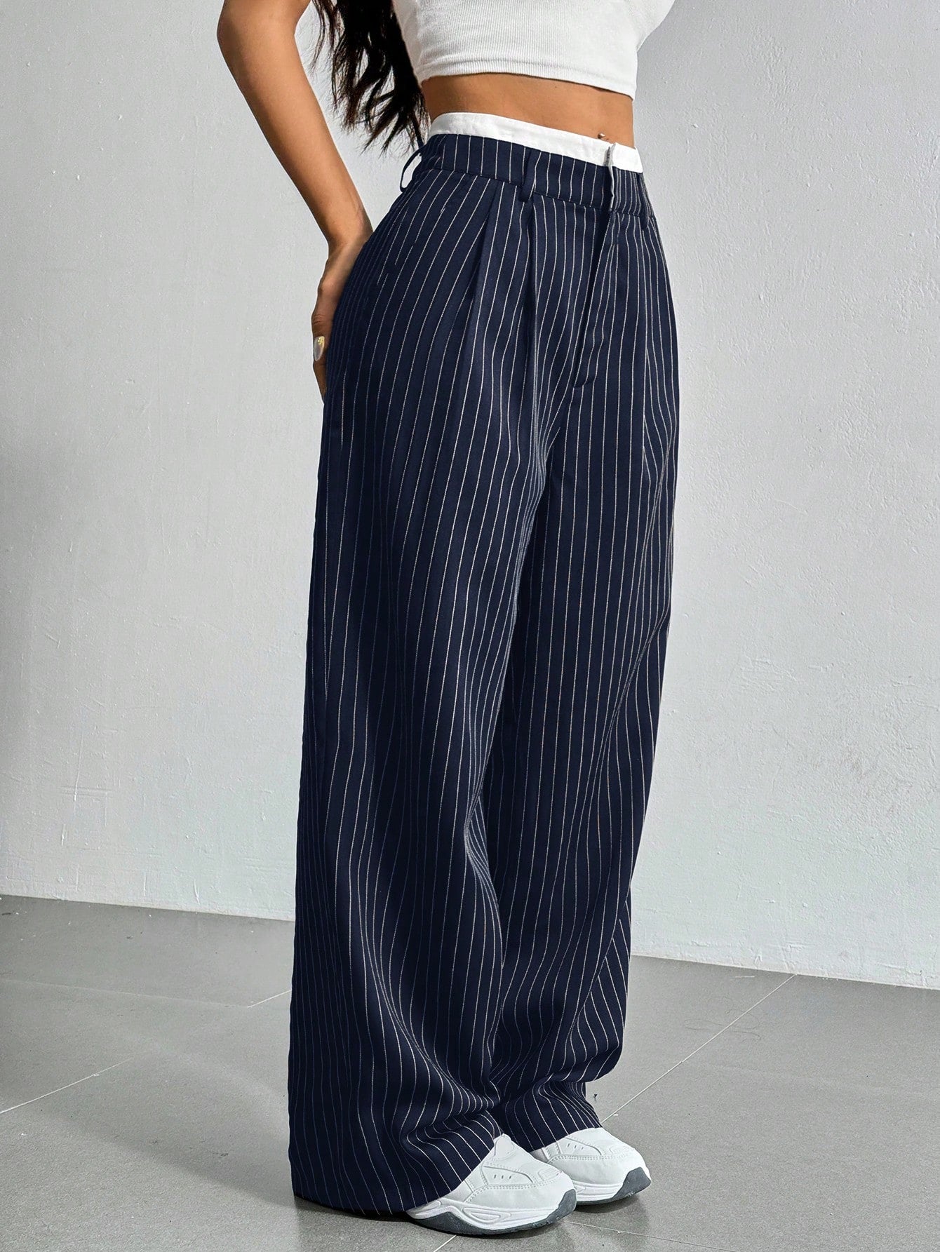 Women's Pleated Striped Wide-Leg Suit Pants With Color Block Waistband