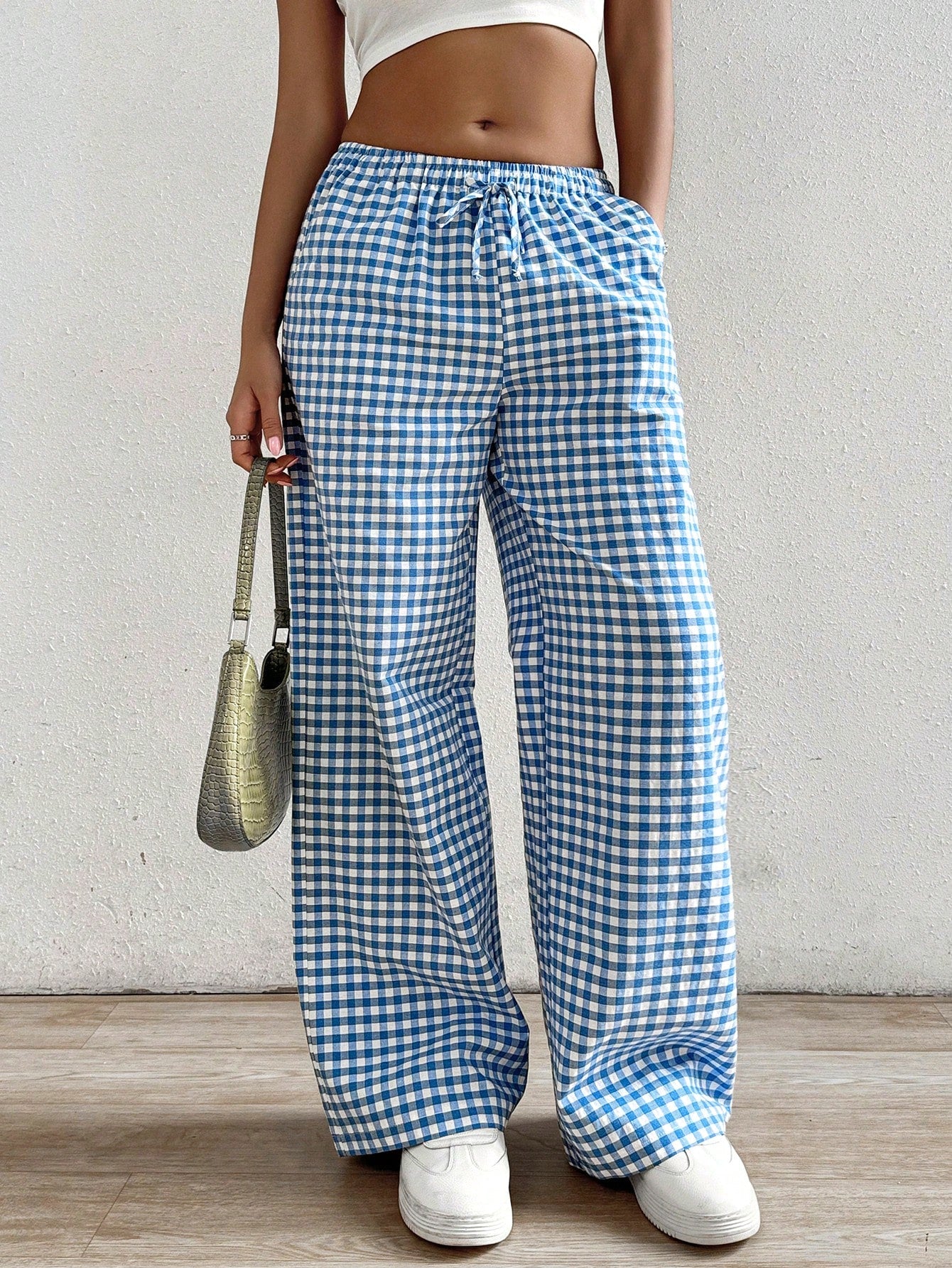 Cotton Loose Straight Drawstring Waist Slant Pocket Pants