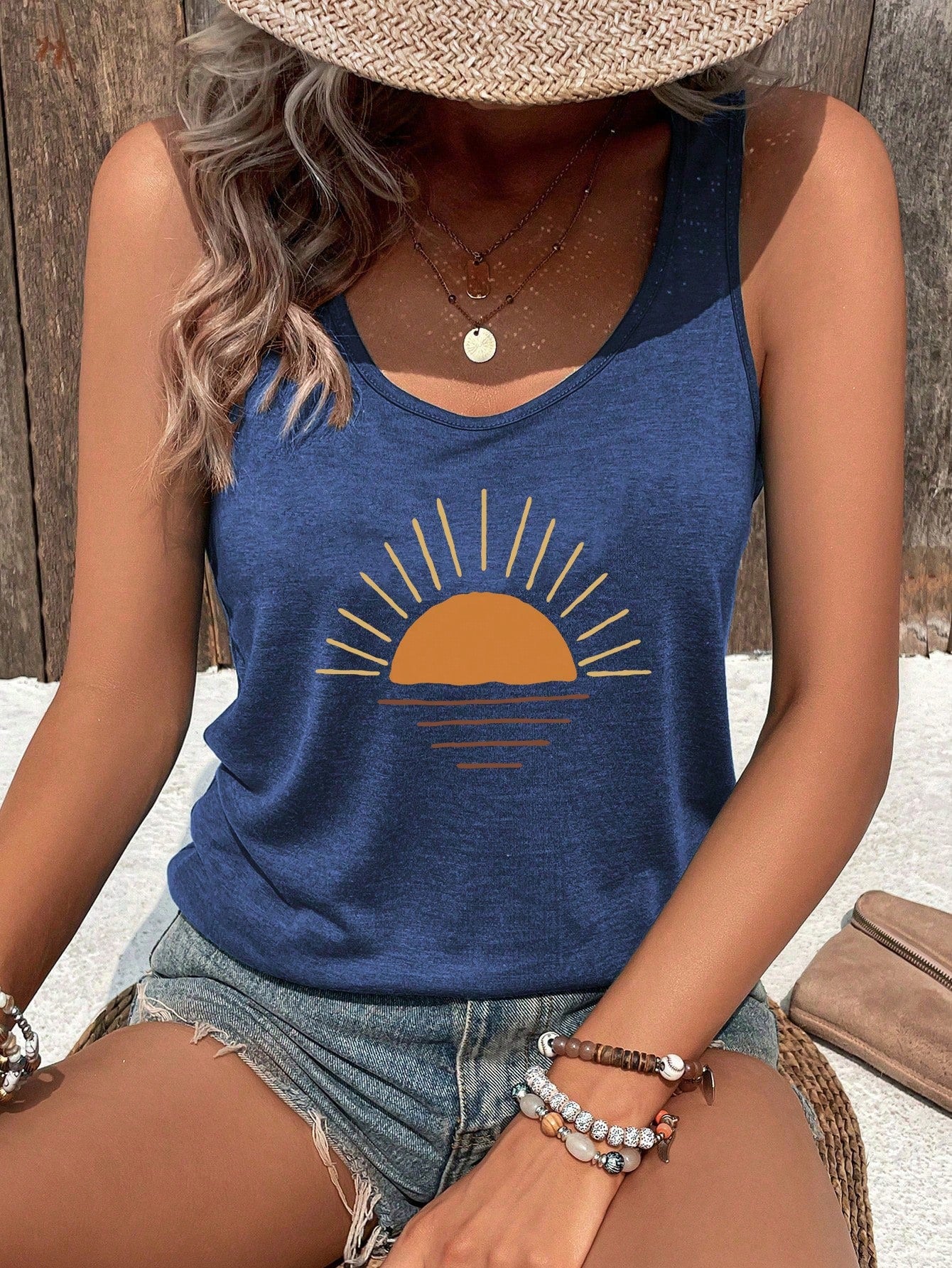 Women's Summer Sunset Printed Casual Tank Top With Round Neck