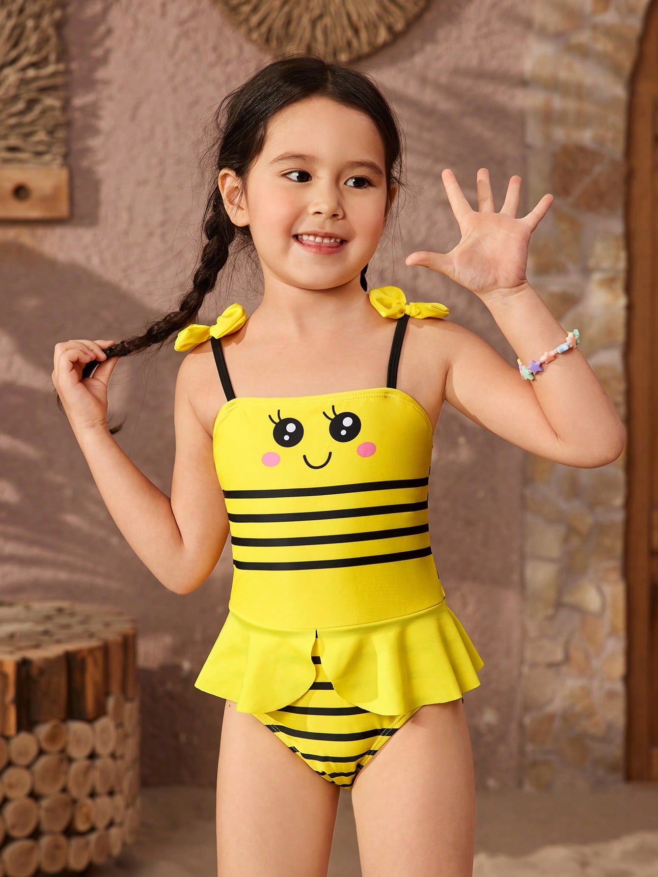 Young Girl Cute Cartoon And Striped Print Bow Detail One-Piece Swimsuit