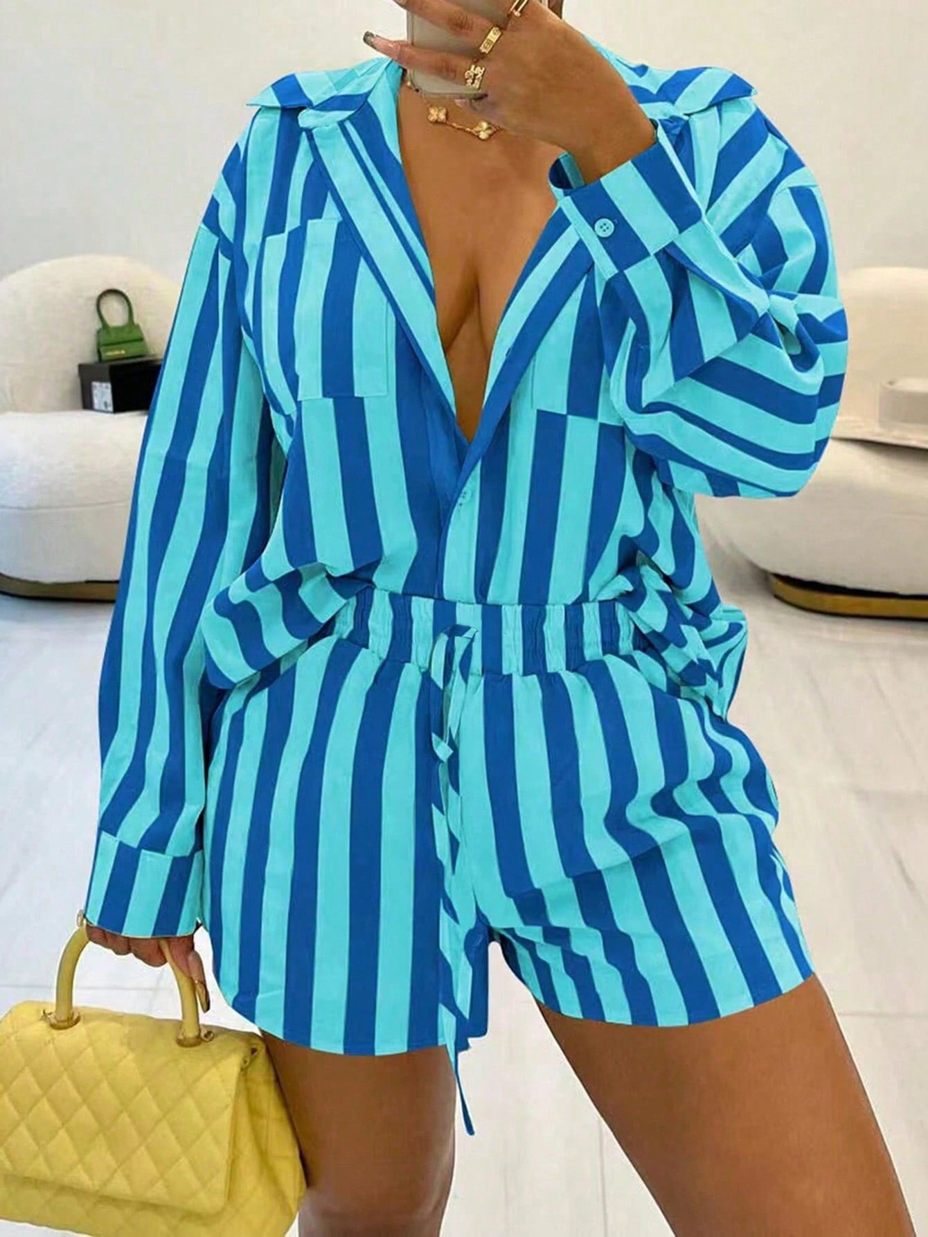 Women's Striped Loose Fit Drop Shoulder Long Sleeve Shirt And Shorts Casual Two Piece Set For Spring & Summer