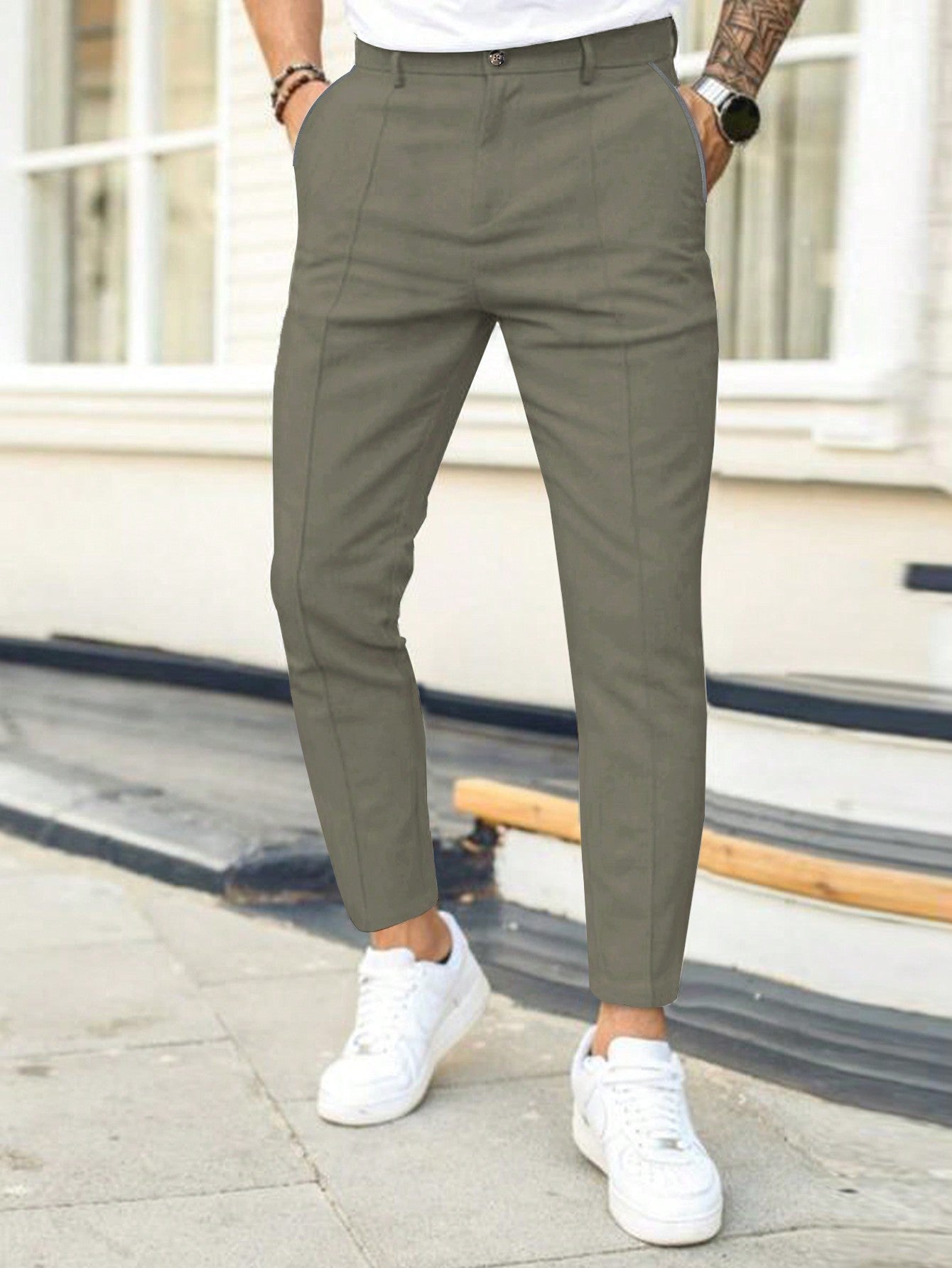 Men Casual Solid Slant Pocket Suit Pants