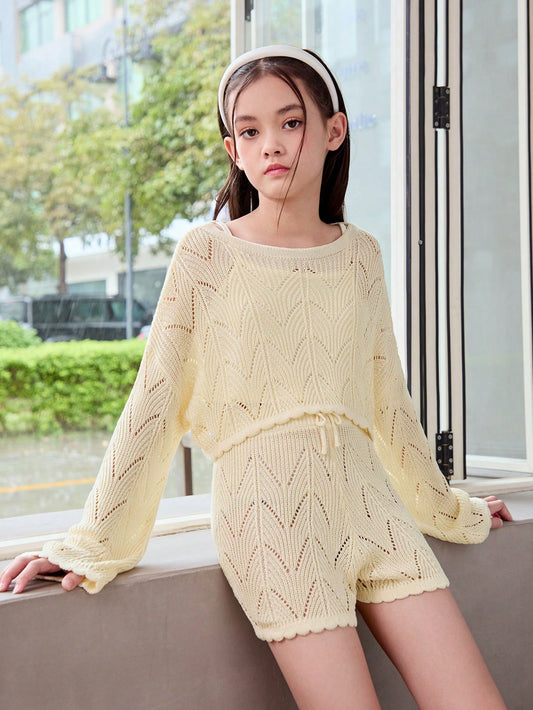 Tween Girl Casual Solid Color Comfortable Sweater Suit With Round Neckline And Pullover Top And Pants