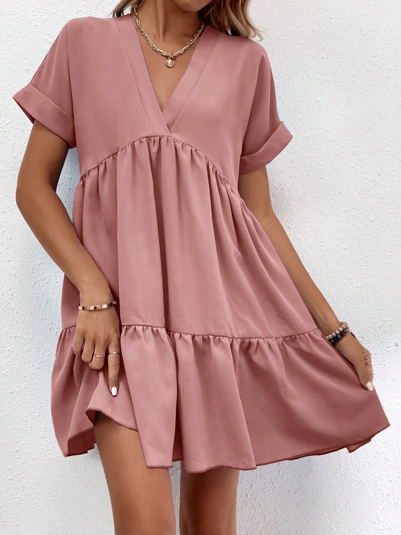 Solid Color Batwing Sleeve Layered Vacation Casual Dress