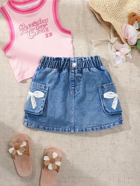 Young Girl Cute Printed Denim Skirt With Utility Style