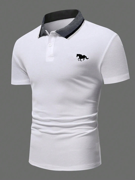 Teen Boy Short Sleeve Polo Shirt With Printed Running Horse Pattern And Color Block Flat Knit Collar