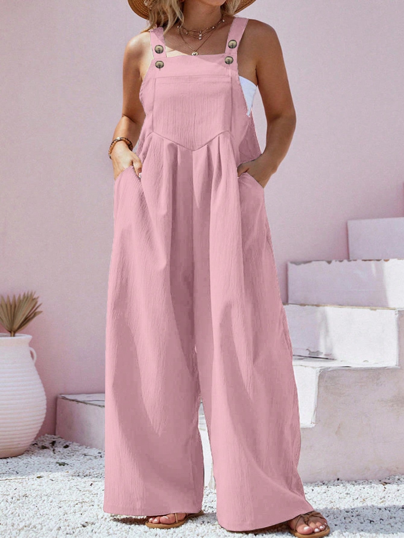 Plus Size Solid Color Sleeveless Jumpsuit With Pockets For Summer