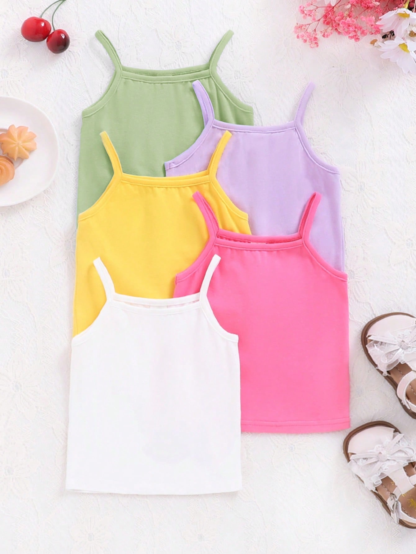 Young Girl 5pcs Solid Knitted Sleeveless Casual Camisole Top Set