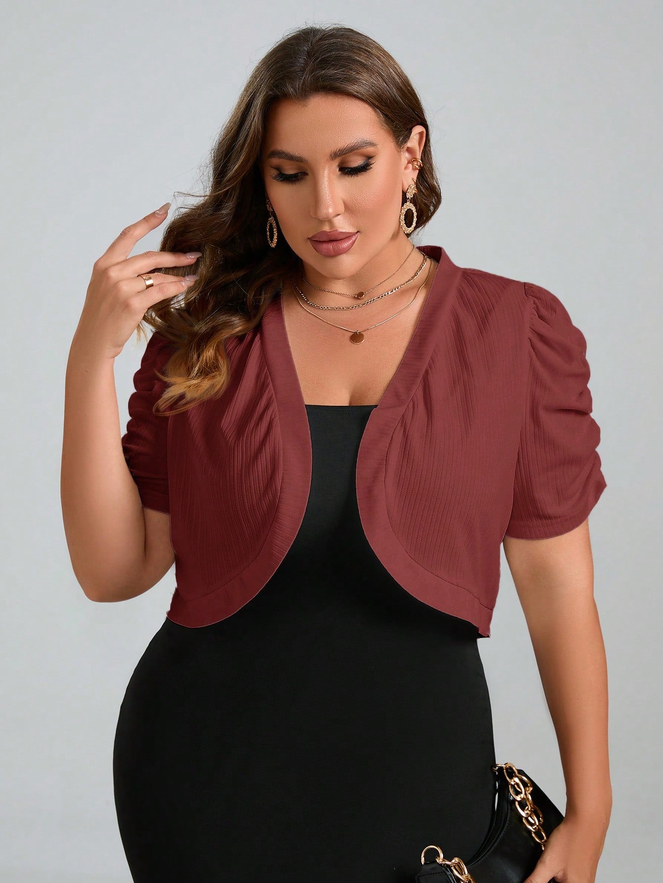 Plus Size Puff Sleeve Open Front Crop Jacket