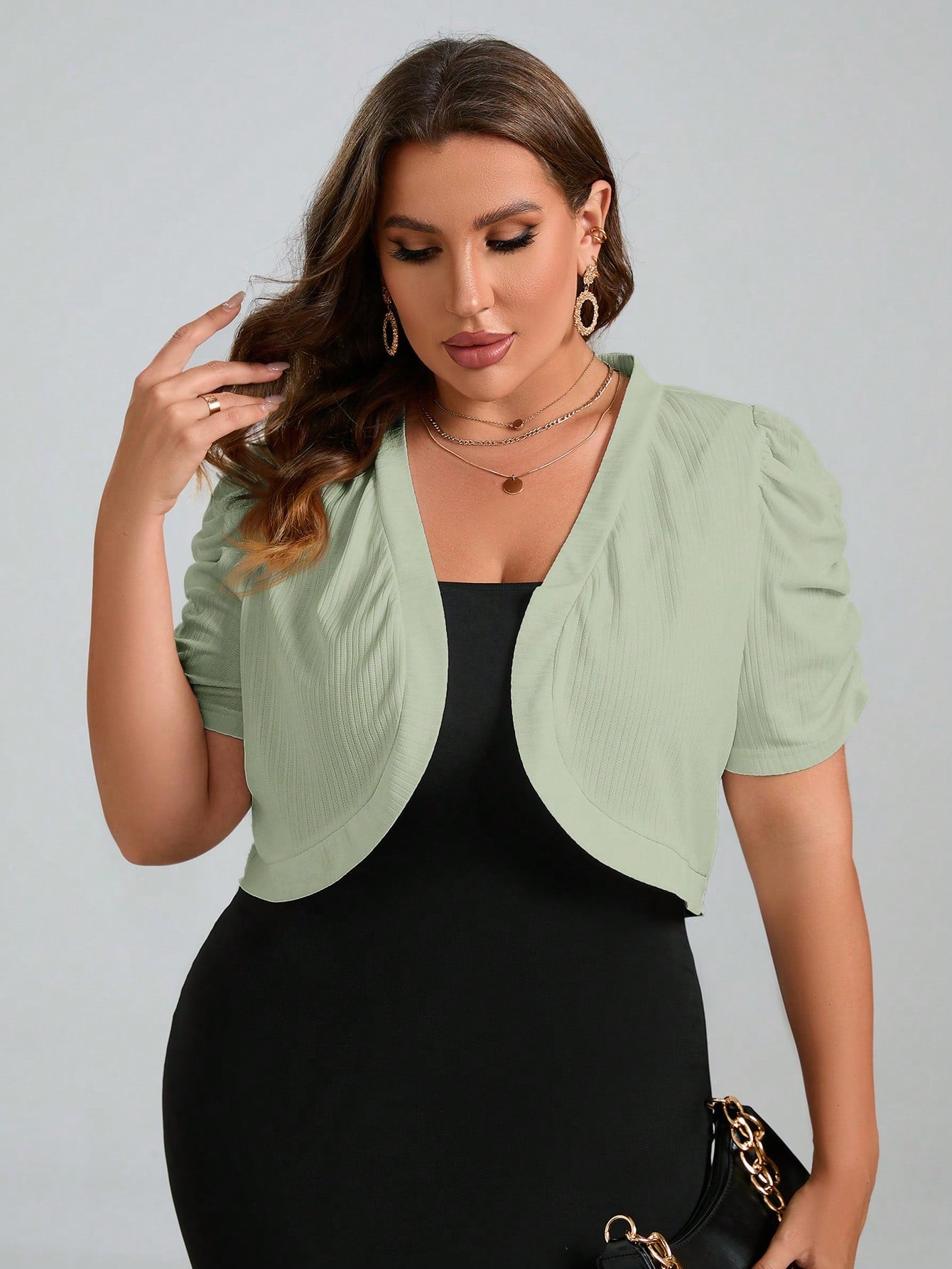 Plus Size Solid Color Short Cropped Jacket With Pleated & Puff Sleeves