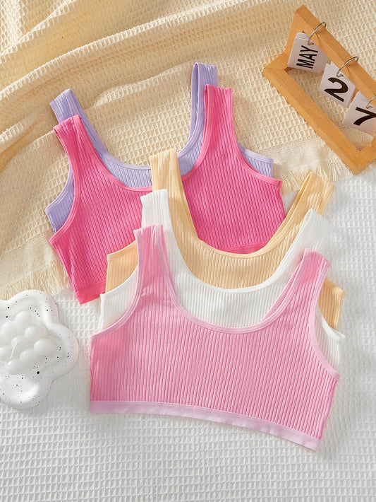 Tween Girl 5pcs Simple And Comfortable Knitted Ribs Cotton-Free Wide-Strap Top