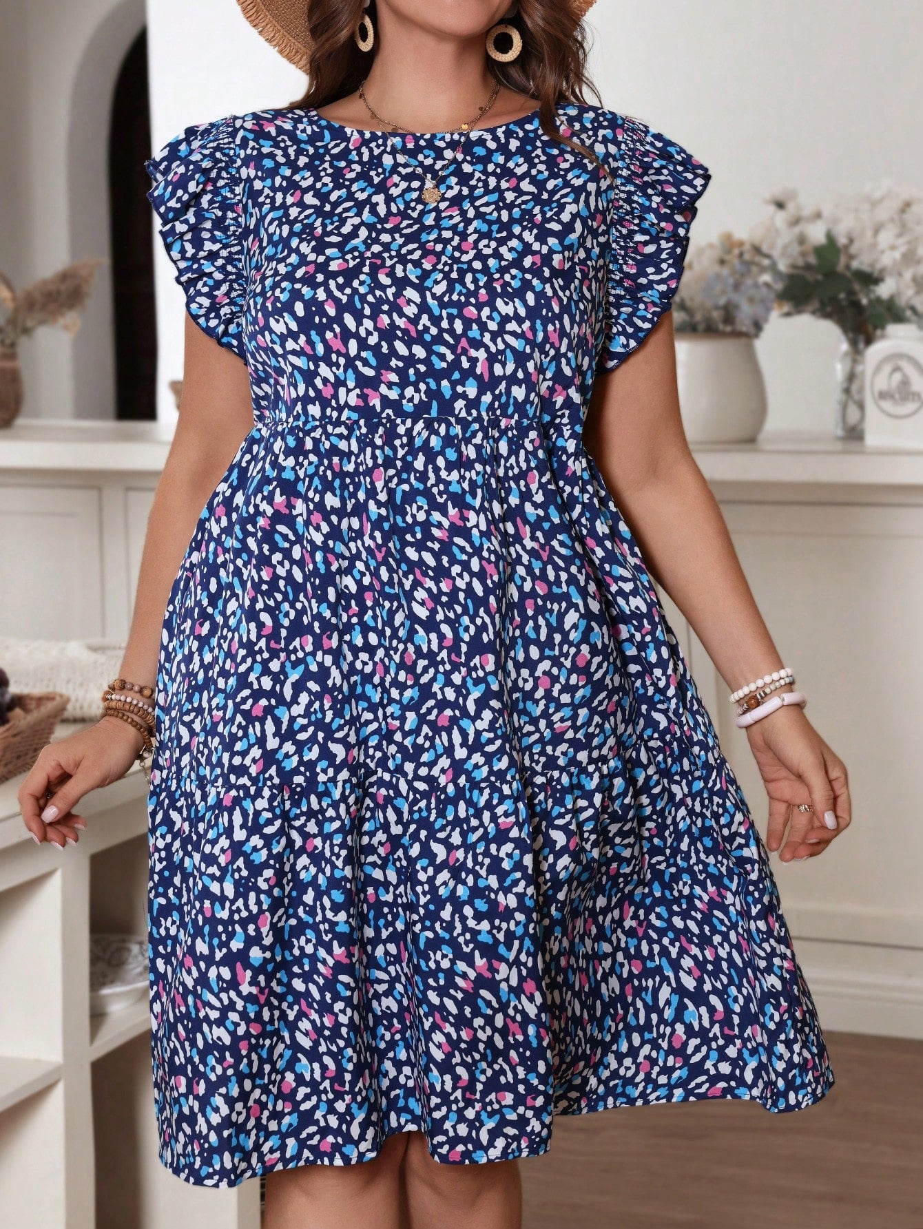 Plus Size-Size Holiday Round Neck Puff Sleeve A-Line Dress With Feather Print