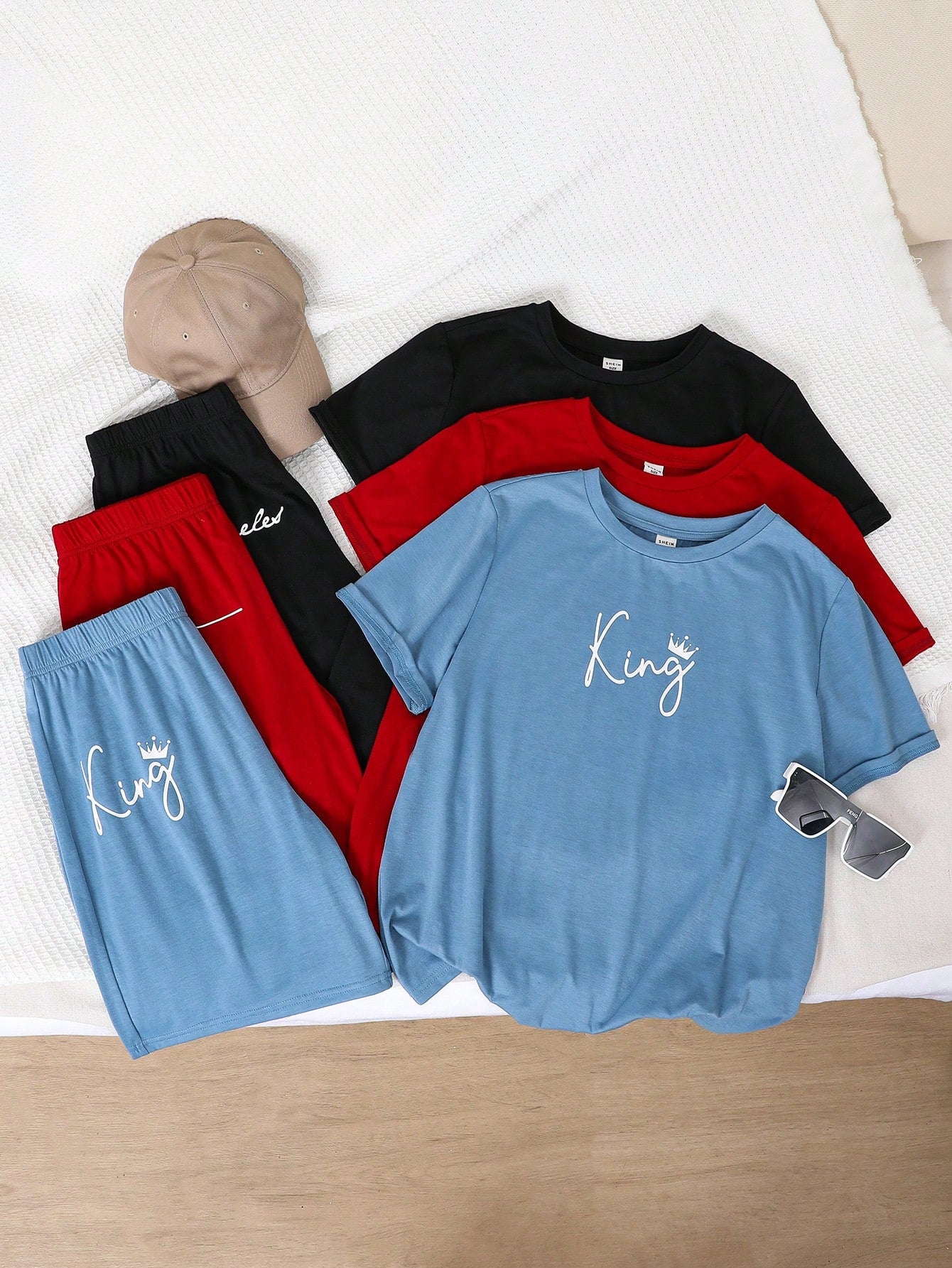 Tween Boys' Extended Size 6pcs Knitted Set Including One Round Neck Casual T-Shirt And Shorts With Printed Letters, One Set In Each Of Three Colors