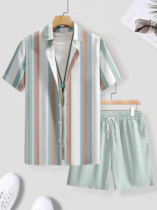 Men's Plus Size Summer Casual Striped Short Sleeve Shirt And Solid Color Shorts Set