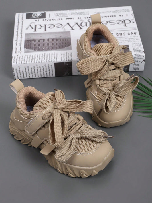 Children's Spring Fashionable Chunky Shoes With Bow Knot & Mesh Design, Girls' Breathable Light Soft Bottom Slip Resistant Outdoor Casual Sneakers