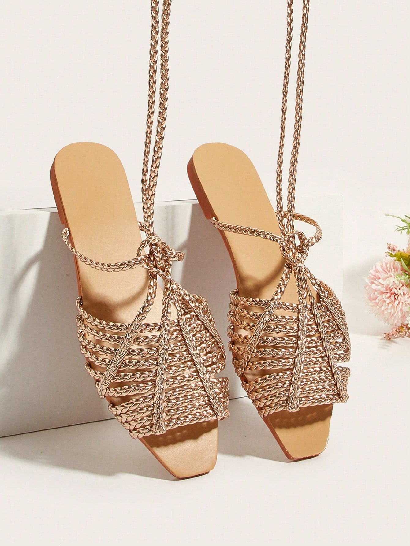 Women's Gold Braided Strap Flat Sandals With Random Texture, Women's Gold Flat Sandals