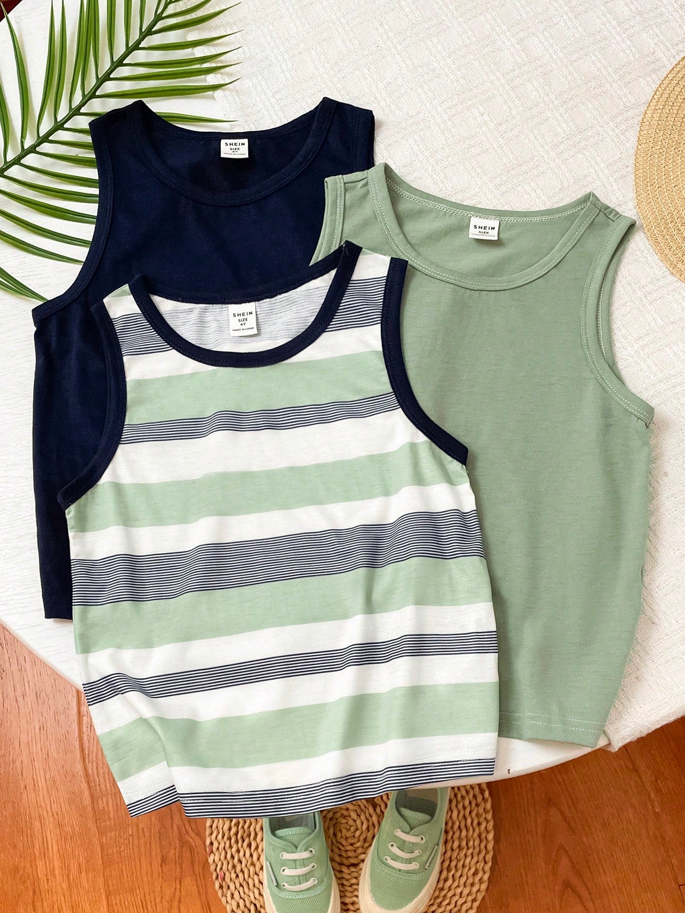 Young Boy 3pcs/Set Casual, Comfortable, Fashionable And Versatile Breathable Striped And Solid Color Tank Top For Spring And Summer