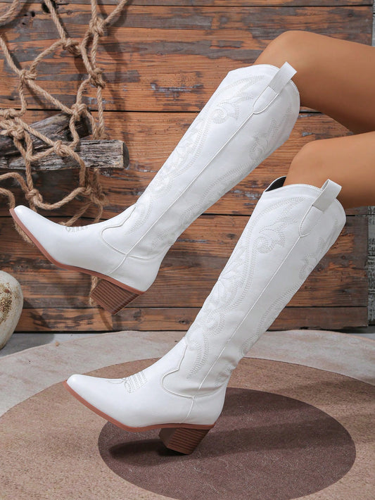 2024 New Spring/Autumn Women's Plus Size Outdoor Fashionable Embroidered Western Style Boots, Knee-High Cowboy Boots