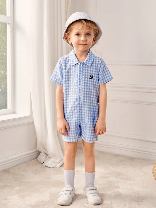 Souflis 1pc Young Boy New Bubble Plaid Casual Casual Jumpsuit With Turn-Down Collar, Suitable For Summer Vacation And Daily Wear