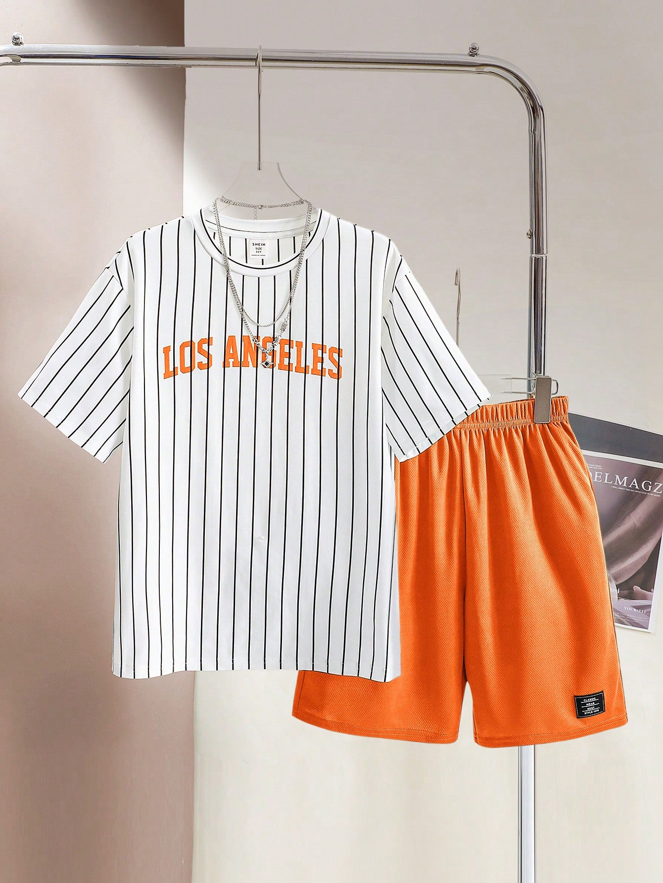 Tween Boys' Casual Street Style Letter Printed Striped Round Neck Short Sleeve T-Shirt And Solid Color Knitted Shorts Two-Piece Outfit