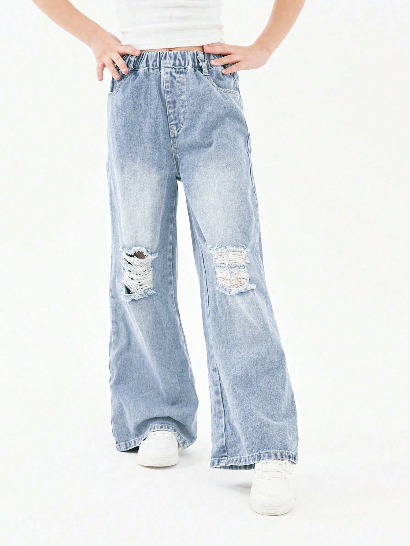 Tween Girl Straight Leg Ripped Jeans With A Relaxed Fit, Long Washed Denim Pants And Wide Leg Trousers