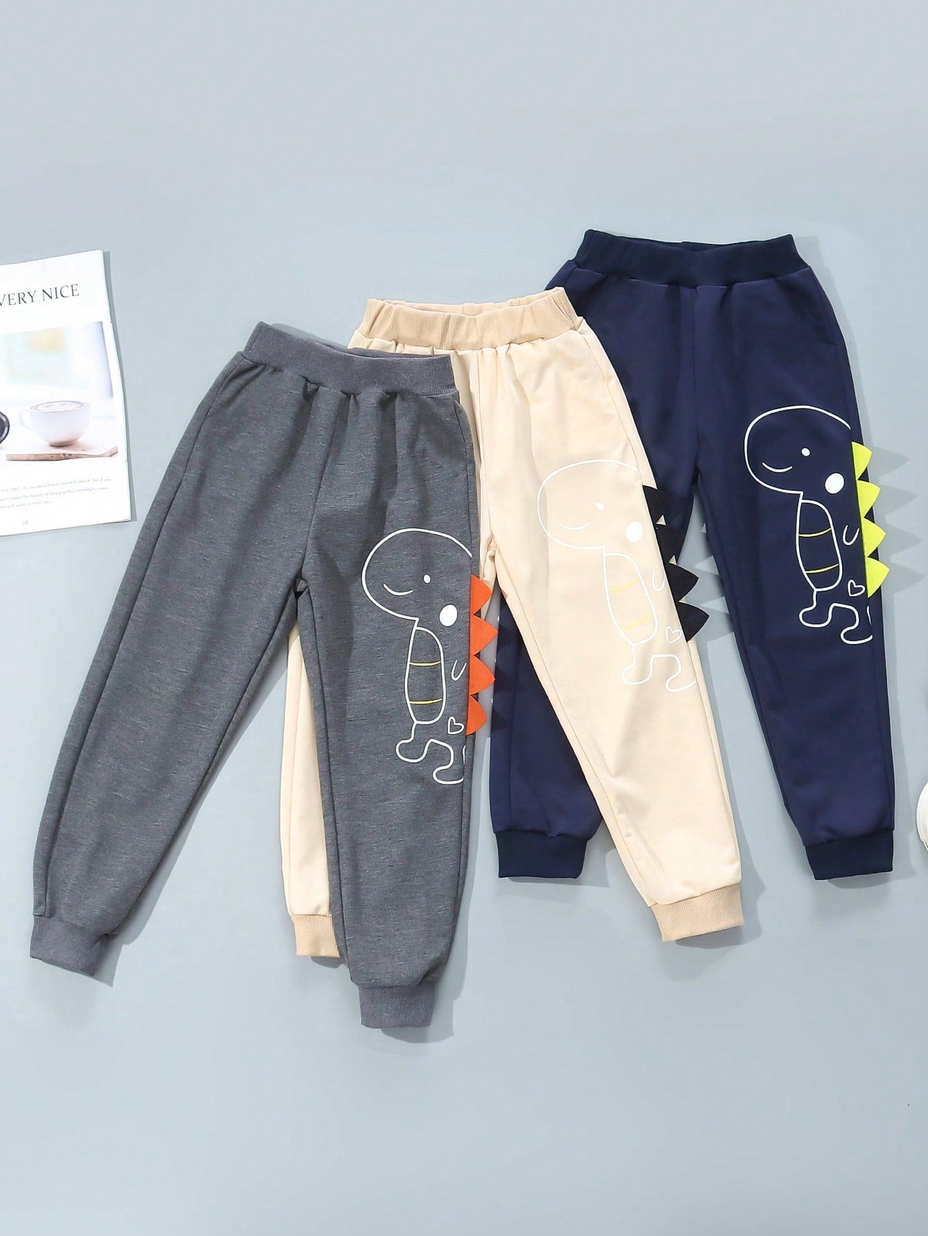 BOY Casual Sporty Street Style Cute Dinosaur Long Pants Shorts, Gray+Khaki+Navy Blue, 3pcs, Suitable For Daily Wear, School, Travel, Sports, Spring And Autumn