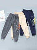 Young Boy Casual Sports Joggers Street Fashion Cute Dinosaur Print Long Pants Set Of 3 (Grey, Khaki, Navy), Suitable For Daily Wear, School, Travel, Sports, Spring And Autumn