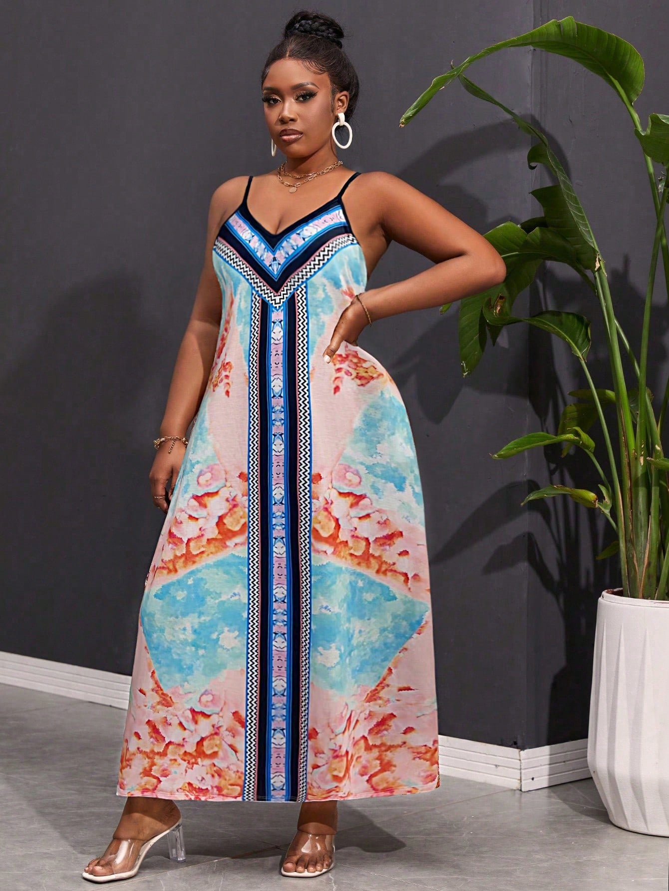 Plus Size Peplum Print Maxi Cami Dress, Perfect For Summer Vacation