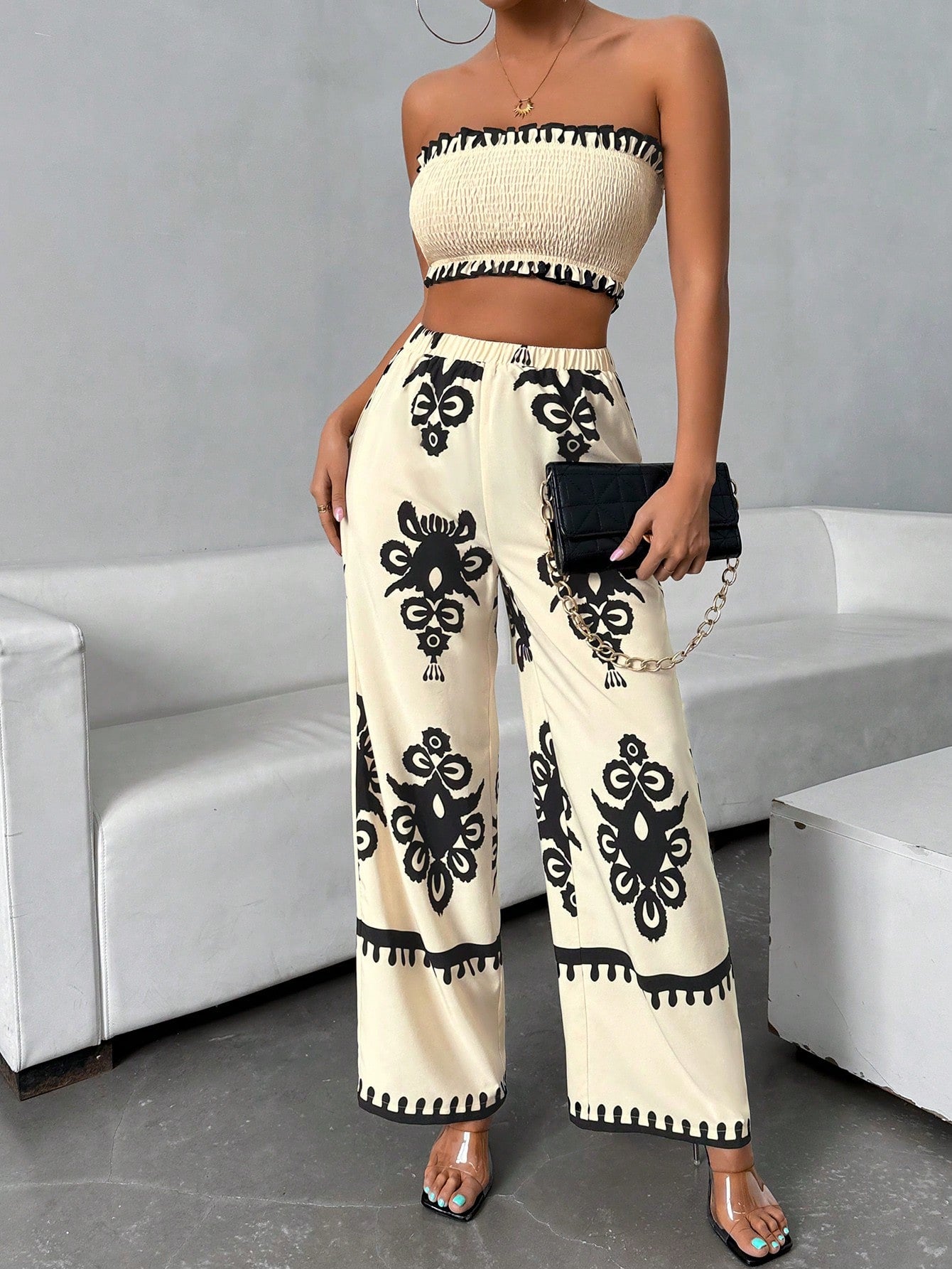 Women's Casual Vacation Spring/Summer Strapless Two-Piece Set, Geometric Print