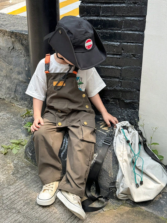 Young Boy Loose Fit Overalls With Contrast Shoulder Straps And Utility Pocket