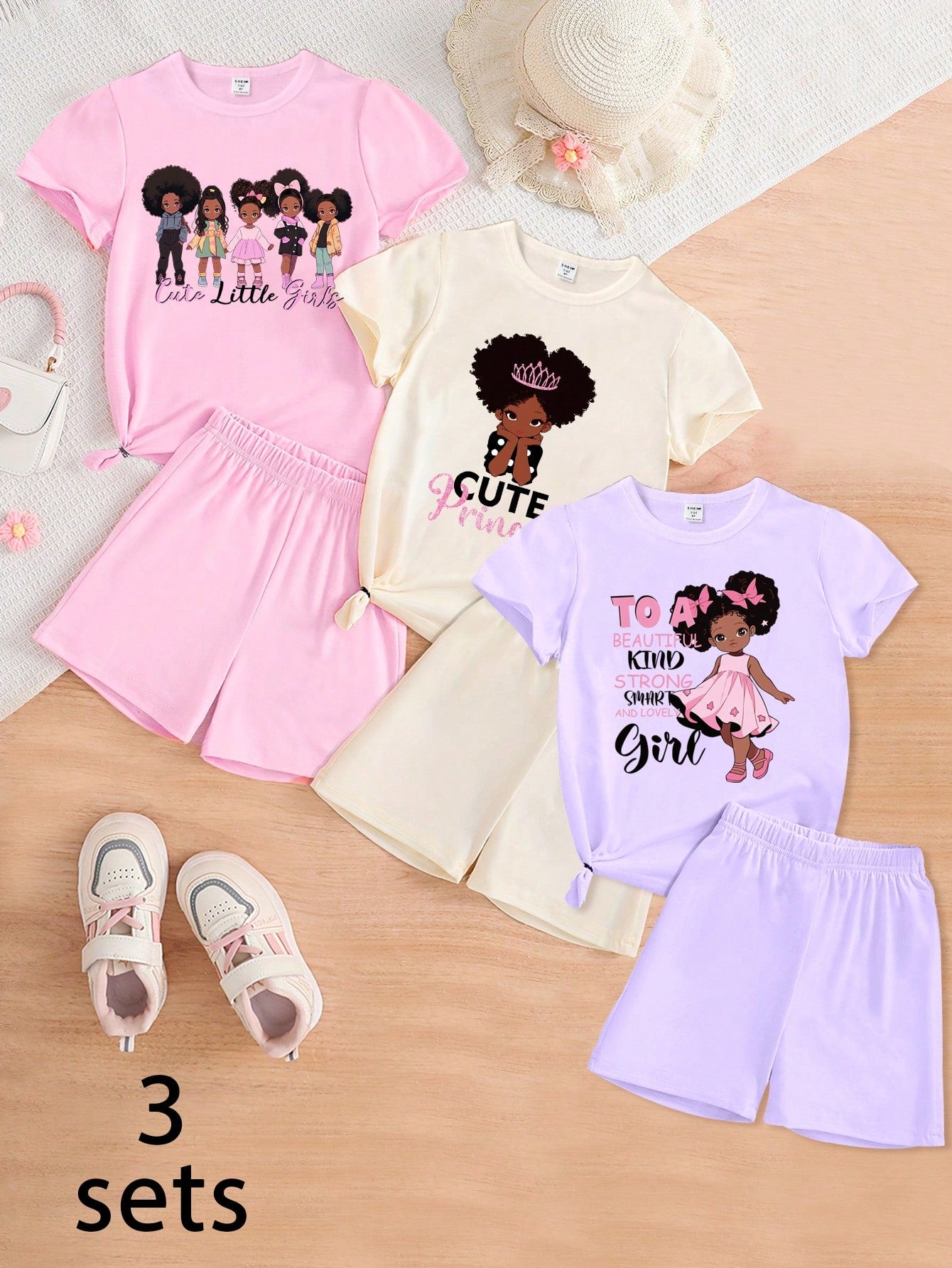 Young Girl 3pcs/Set Fashionable Cute Cartoon Printed Short Sleeve T-Shirt And Leggings