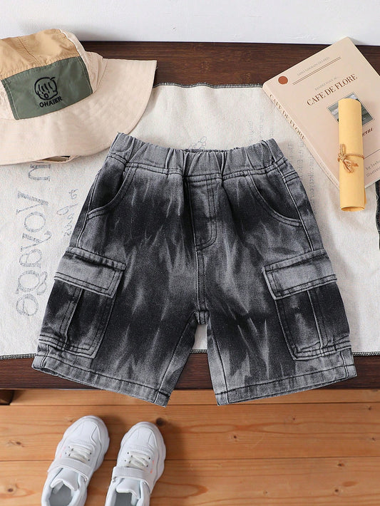 Young Boy Water Ripple Wash Black & Grey Workwear Style Denim Shorts, Fashionable Match