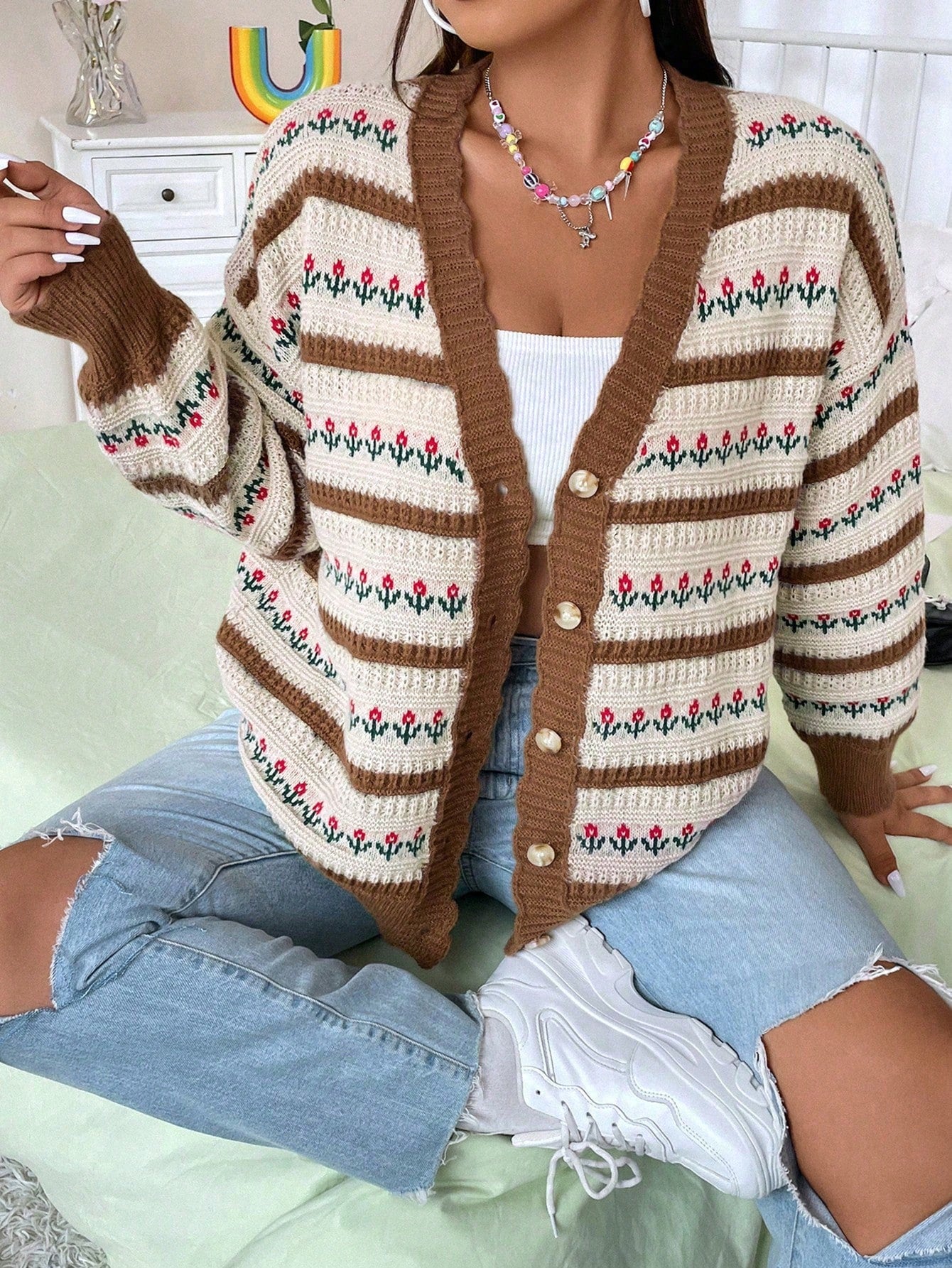 Plus Floral Pattern Drop Shoulder Cardigan