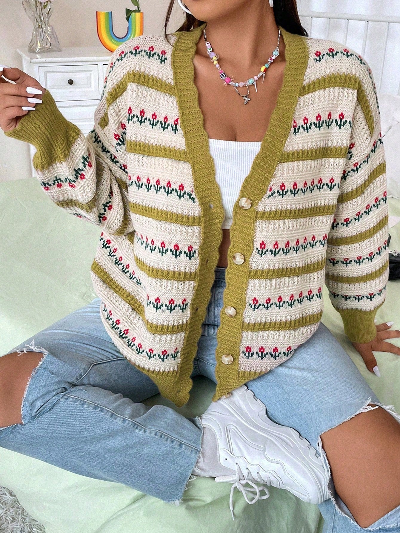 Plus Floral Pattern Drop Shoulder Cardigan