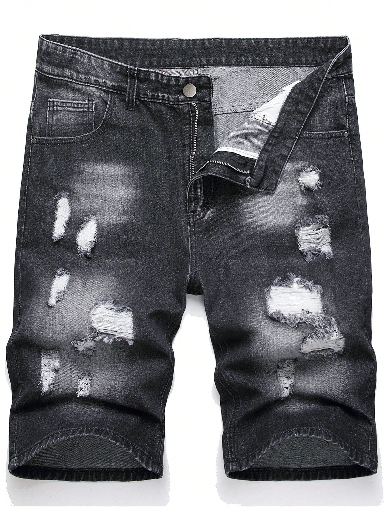 Men Cotton Ripped Frayed Bleach Wash Denim Shorts