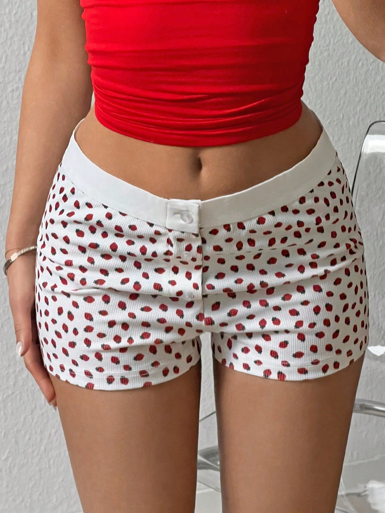 Strawberry Print Contrast Trim Shorts