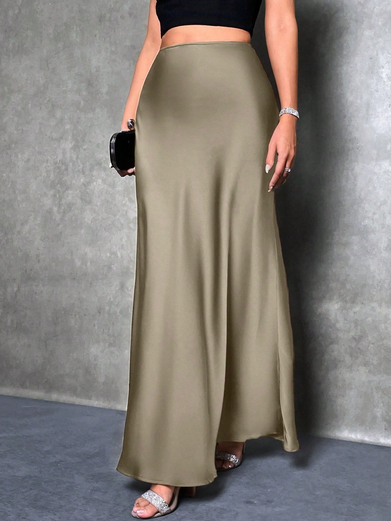 High Waist Solid Maxi Satin Skirt