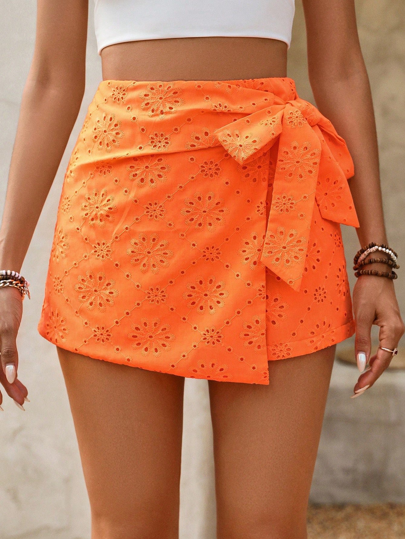 Summer Eyelet Embroidery Knot Detail Wrapped Skirt Shorts