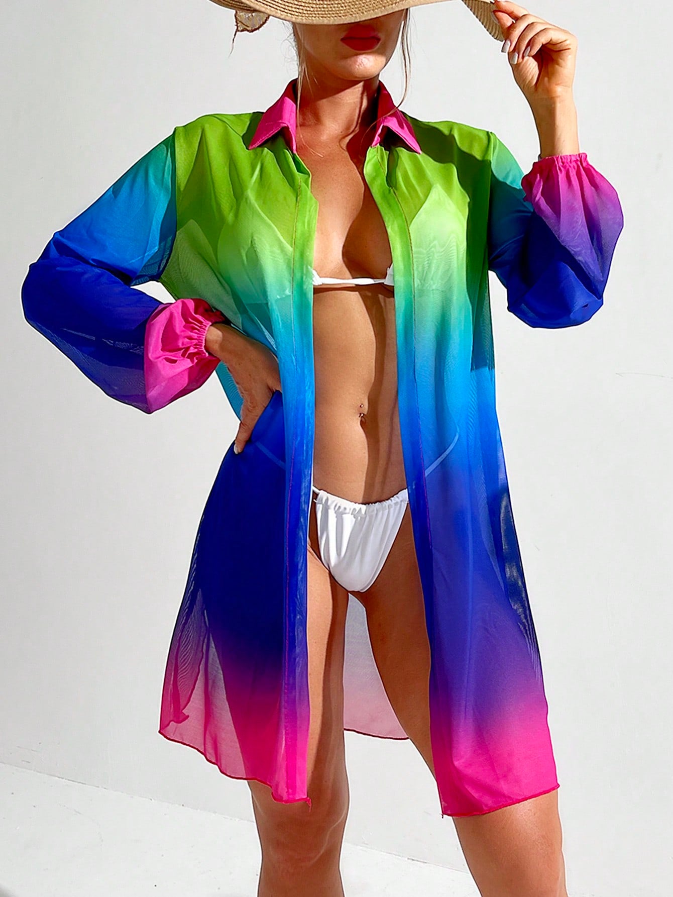 Swim Ombre Split Hem Open Front Kimono,Summer Beach